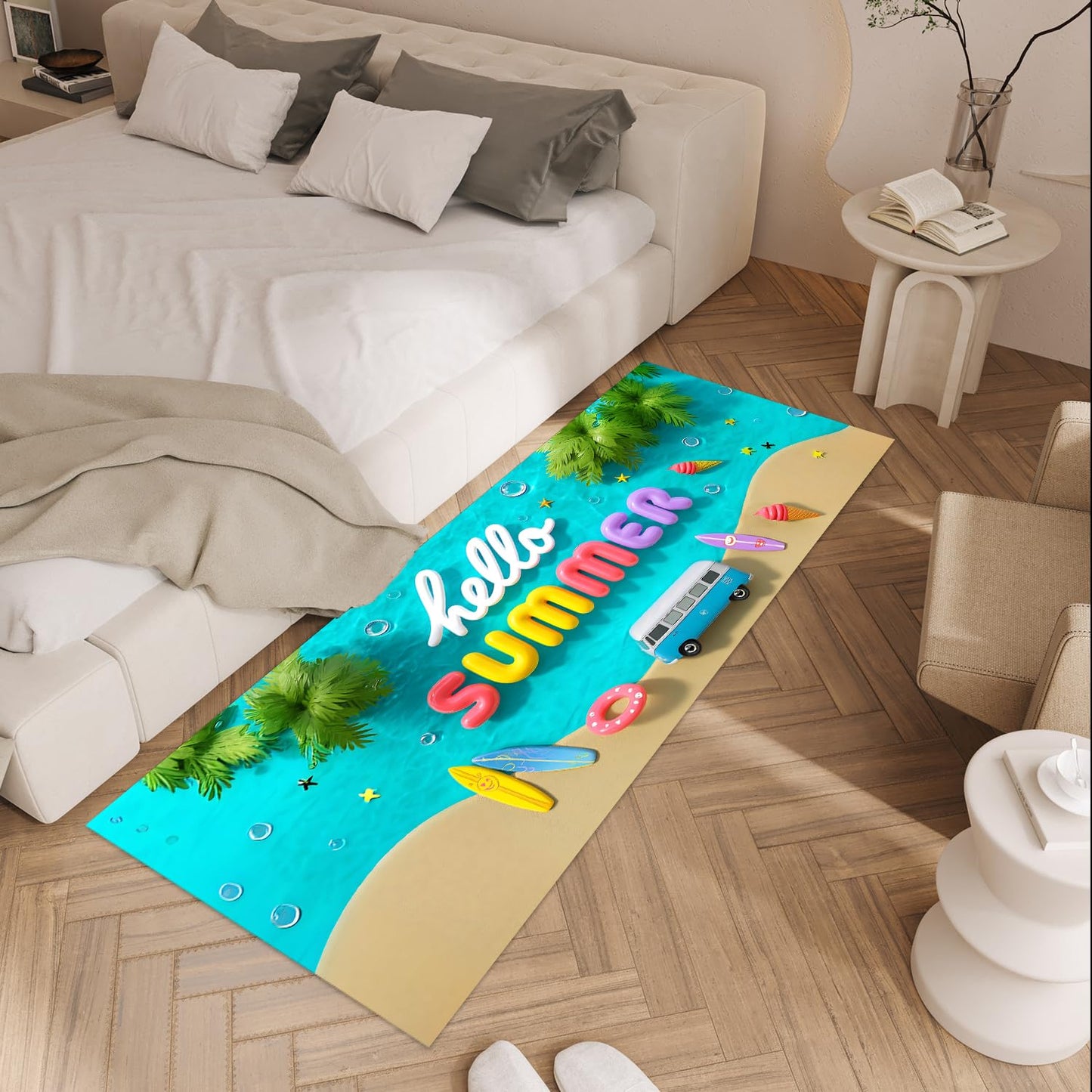 LEIWEIHOPE Hello Summer Summer Runner Rug 20x47 inch Non-Slip Waterproof Laundry Room Rug Kitchen Runner Bathroom Mat with Festive Designs,Outdoor Indoor Entryway Floor Mat Home Decor