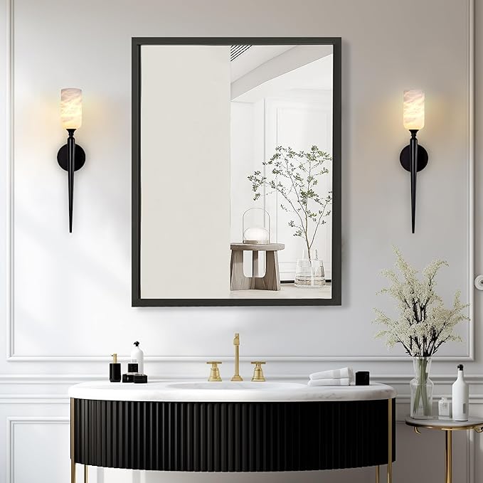 Alabaster Wall Sconce Set of 2, 22in Modern Spanish Natural Marble Bathroom Vanity Sconces, Indoor Black Wall Lighting Fixtures Decor for Bedroom Living Room Staircases