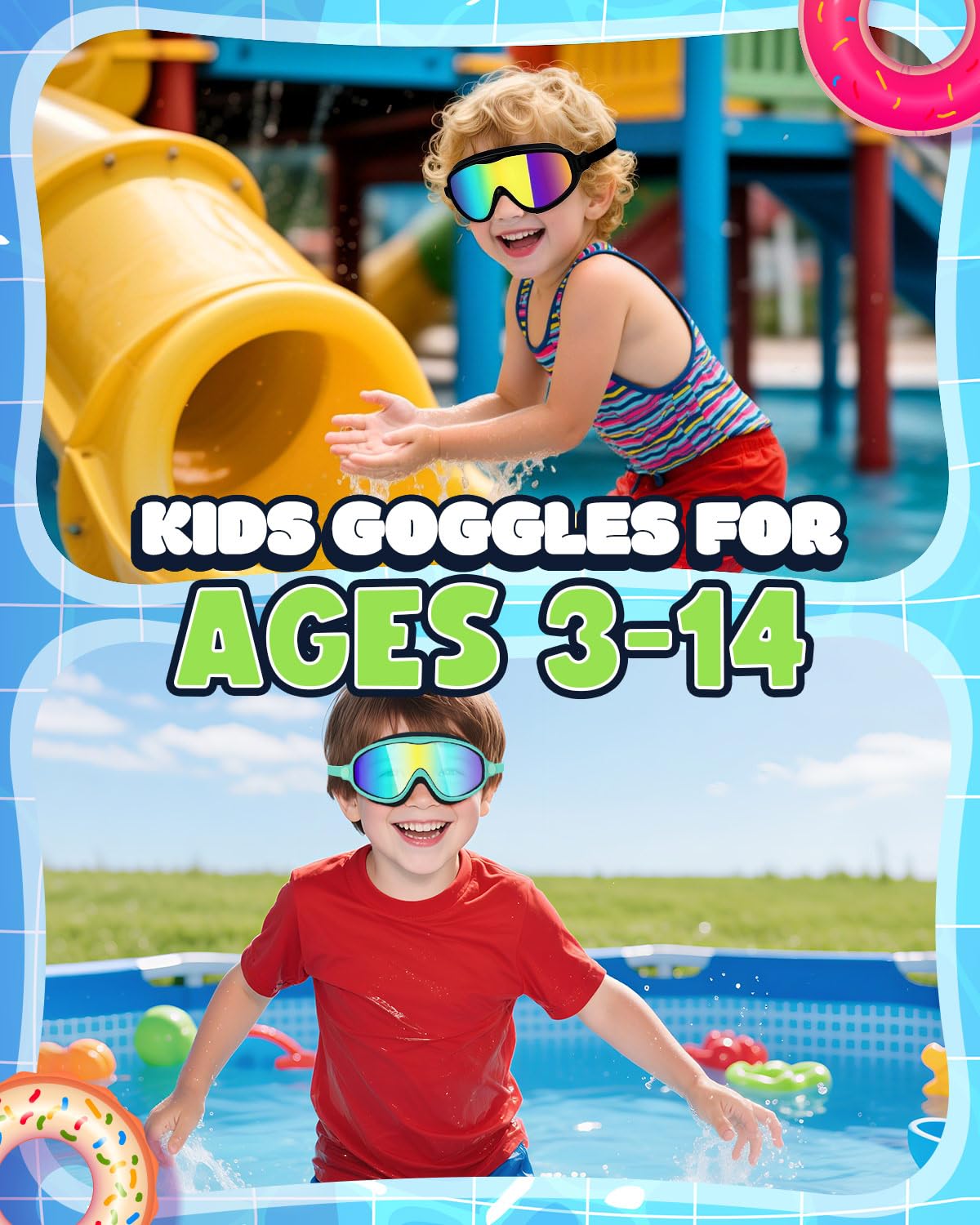 Rantizon Kids Swimming Goggles 2 Pack, Anti Fog&UV Swim Goggles for Boys Girls, No Leak Pool Beach Essentials for kid 3-14 (Black Aqua & Green Aqua)