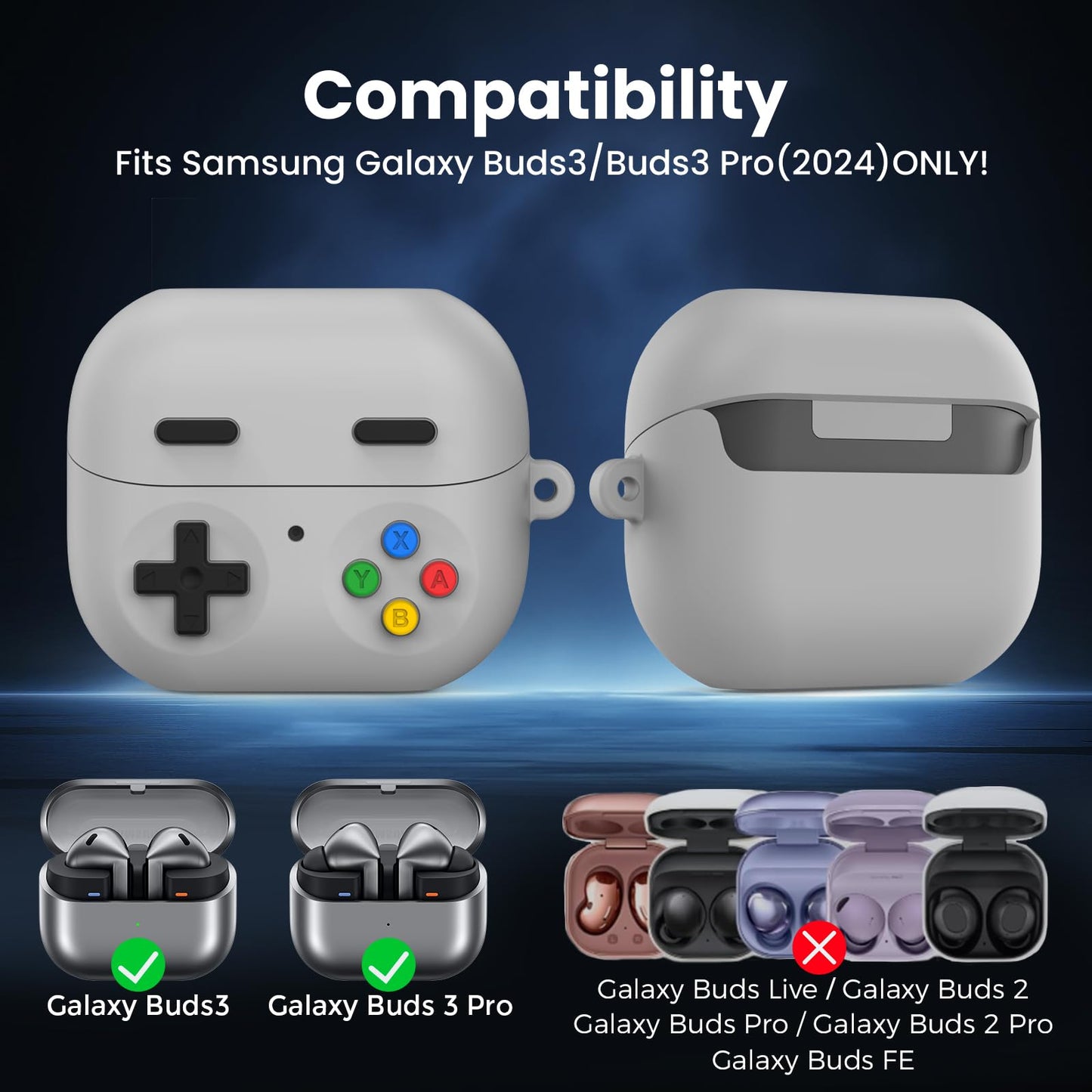 Delidigi Case for Samsung Galaxy Buds3 FE (2025)/Pro and Galaxy Buds3 (2024), Silicone Classic Game Design Galaxy Buds3 Series Protective Cover Skin for Man with Cleaner Kit&Carabiner