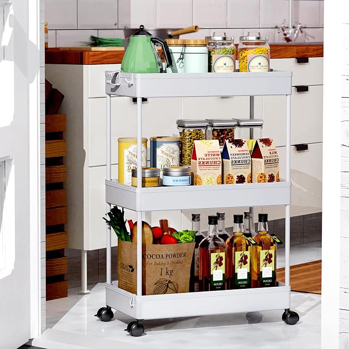 SPACEKEEPER Rolling Storage Cart 3 Tier Bathroom Cart Organizers with Wheels Laundry Room Organization Mobile Shelving Unit Utility Cart Storage Shelves Multi-Functional for Office, Home, Gray