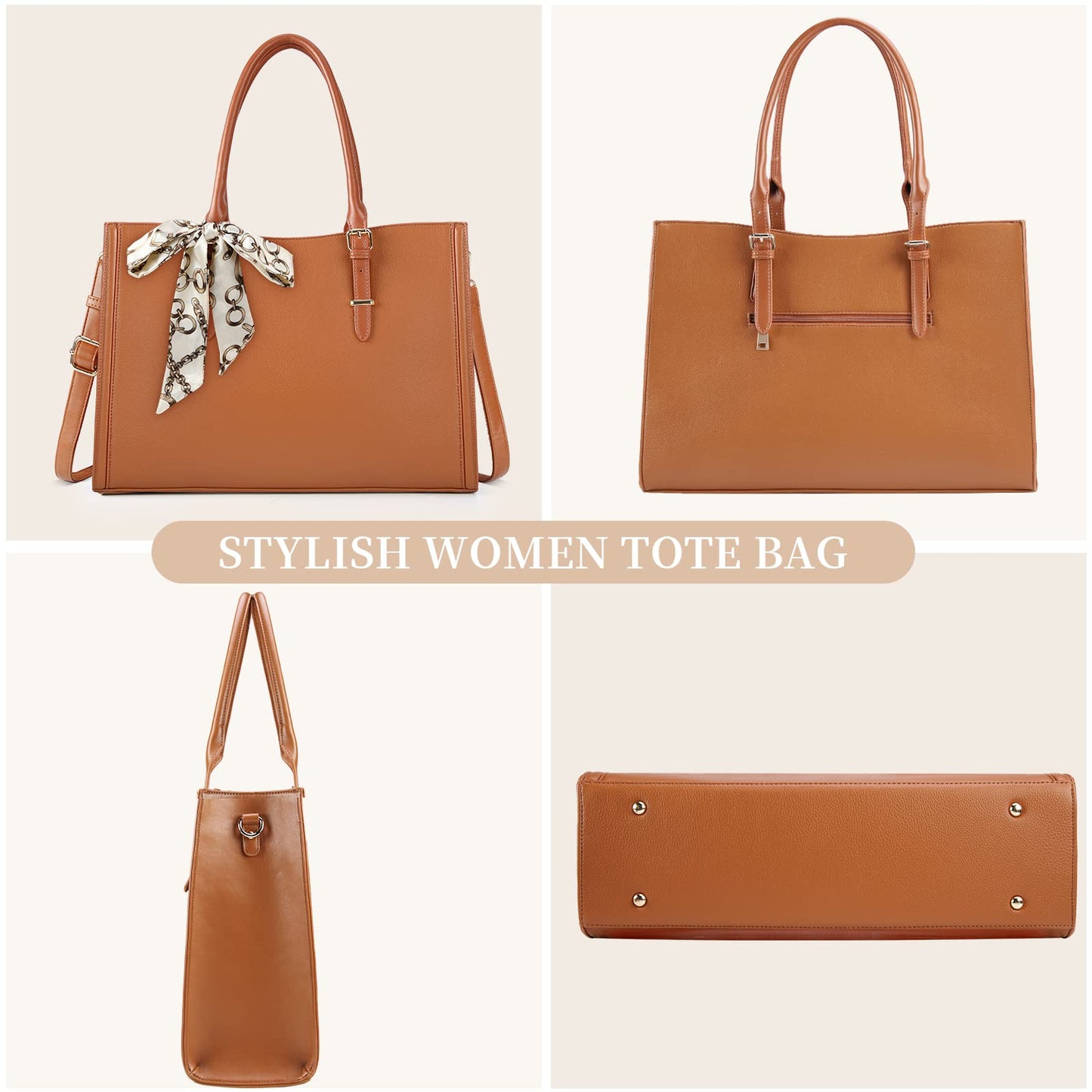 Laptop Bag for Women 15.6 inch Waterproof Laptop Tote Work Bag Leather Computer Tote Briefcase Bag Office Professional Large Capacity Handbag School Shoulder Bag Brown