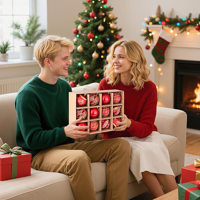 EveryMerry 24-Pack 3.1 Inch Christmas Ornaments Set - Red & Gold Ornament Balls with 5 Various Designs, Decorations with Strings, Sturdy, Kraft Box with Lid for Xmas Tree, Holiday Party & Home Decor