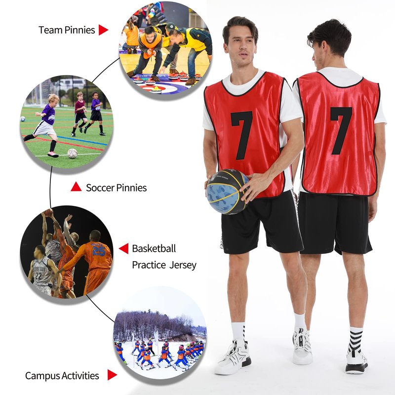 PULUOMASI Scrimmage Training Vest (12 Pack) Team Sports Pinnies Jerseys for Adult Youth Soccer Bibs Numbered Practice Jerseys Red L