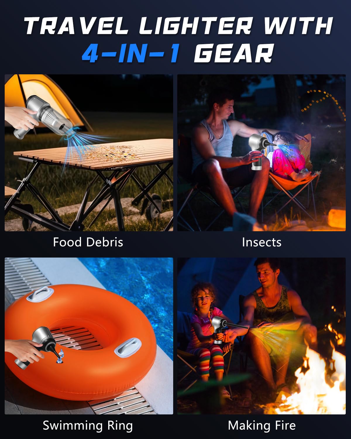 Lyrzzey Camping Vacuum Cleaner – Cordless Handheld 6kPa Suction for Tents, Cars, and Outdoor Gear – Sucks Up Bugs, Inflates Pillows, Blows Campfires – Lightweight & Portable, 0.66 lb