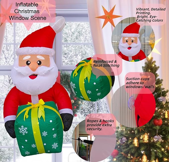 3.5FT Window Inflatble Decor- Christmas Santa Claus with Green Gift Box - LED Lighted Blow-Up Outdoor Yard Decoration for Lawn, Garden, Window Xmas Decor