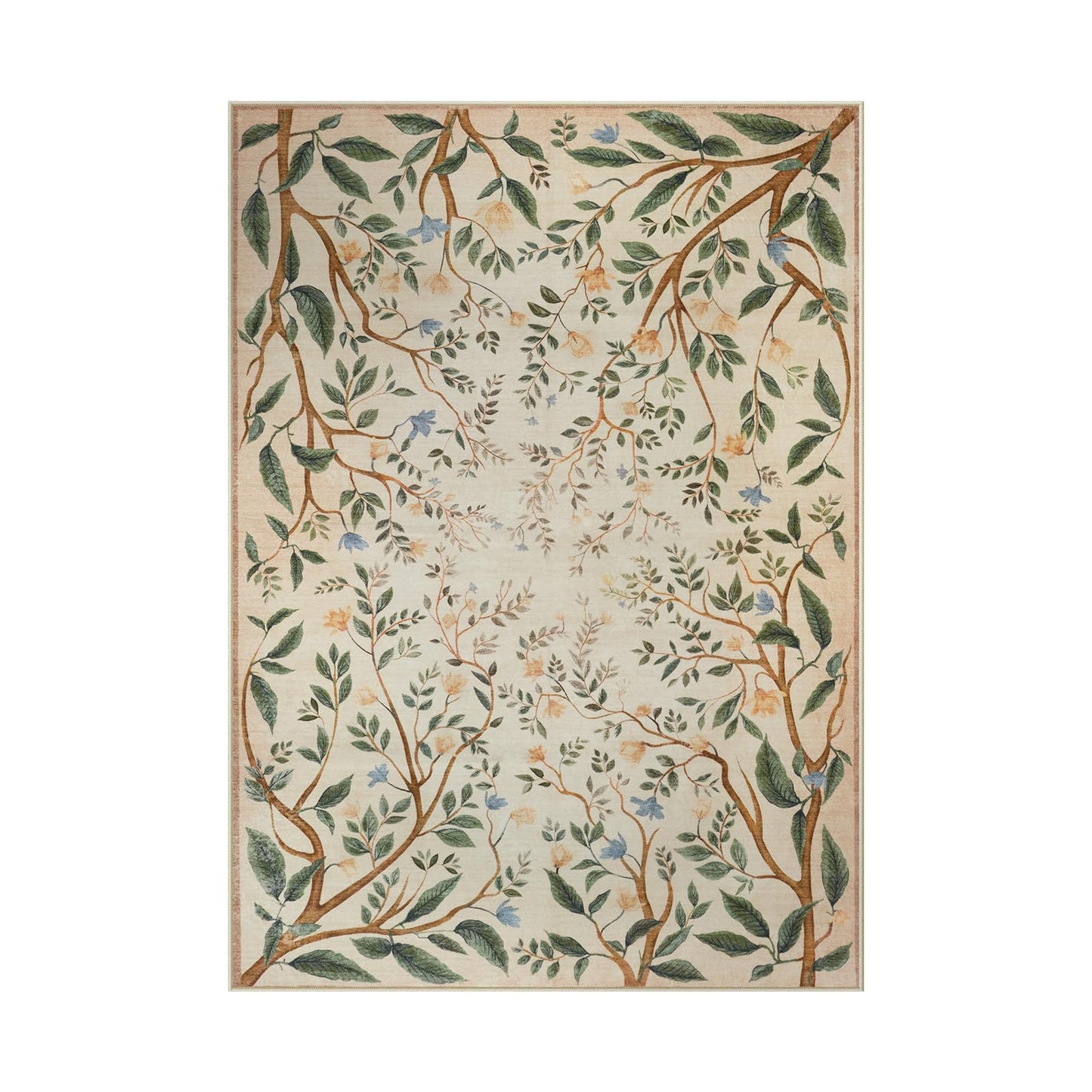 Collive Washable Area Rugs for Living Room, Beige 5x7 Bedroom Rug, Floral Forest Botanical Flourishing Vines Soft Non-Slip Stain Resistant Boho Carpet for Dining Room Office