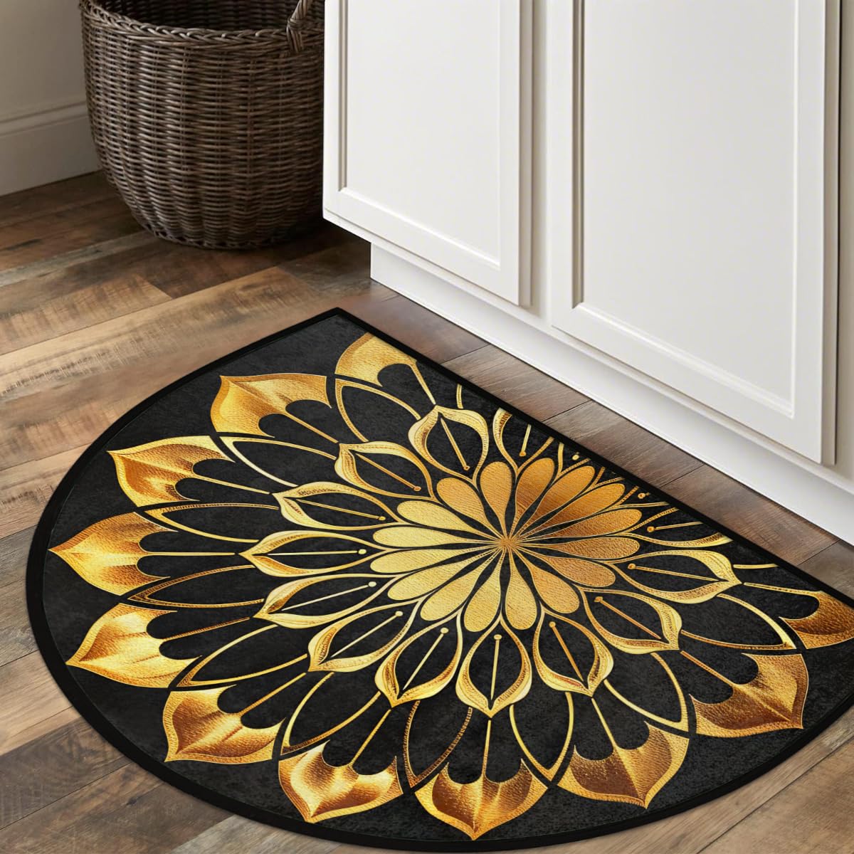 Half Round Doormat Mandala Ethnic Gold Florals Non Slip Half Circle Area Rugs Indoor Washable Half Moon Rug Semi Circle Bathroom Runner Mat Entrance Floor Carpet for Kithen Bedroom Fireplace Decor