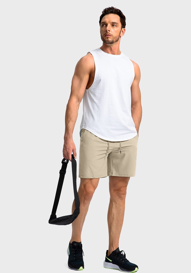 Soothfeel Men's Running Shorts with Zipper Pockets 7 Inch Lightweight Quick Dry Gym Athletic Workout Shorts for Men (Khaki, XS)