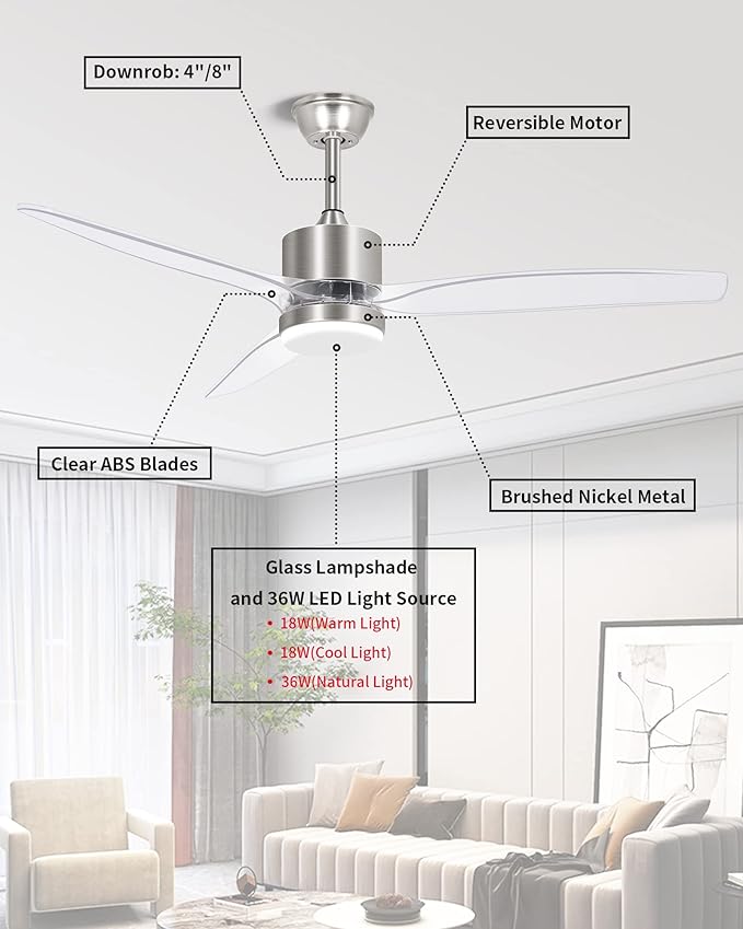OKELI Clear Ceiling Fan with Light, 52 Inch Brushed Nickel Transparent Ceiling Fans with Light and Remote 3 Reversible Blade LED Ceiling Fan and Light Combo for Living Room, Bedroom, Patio
