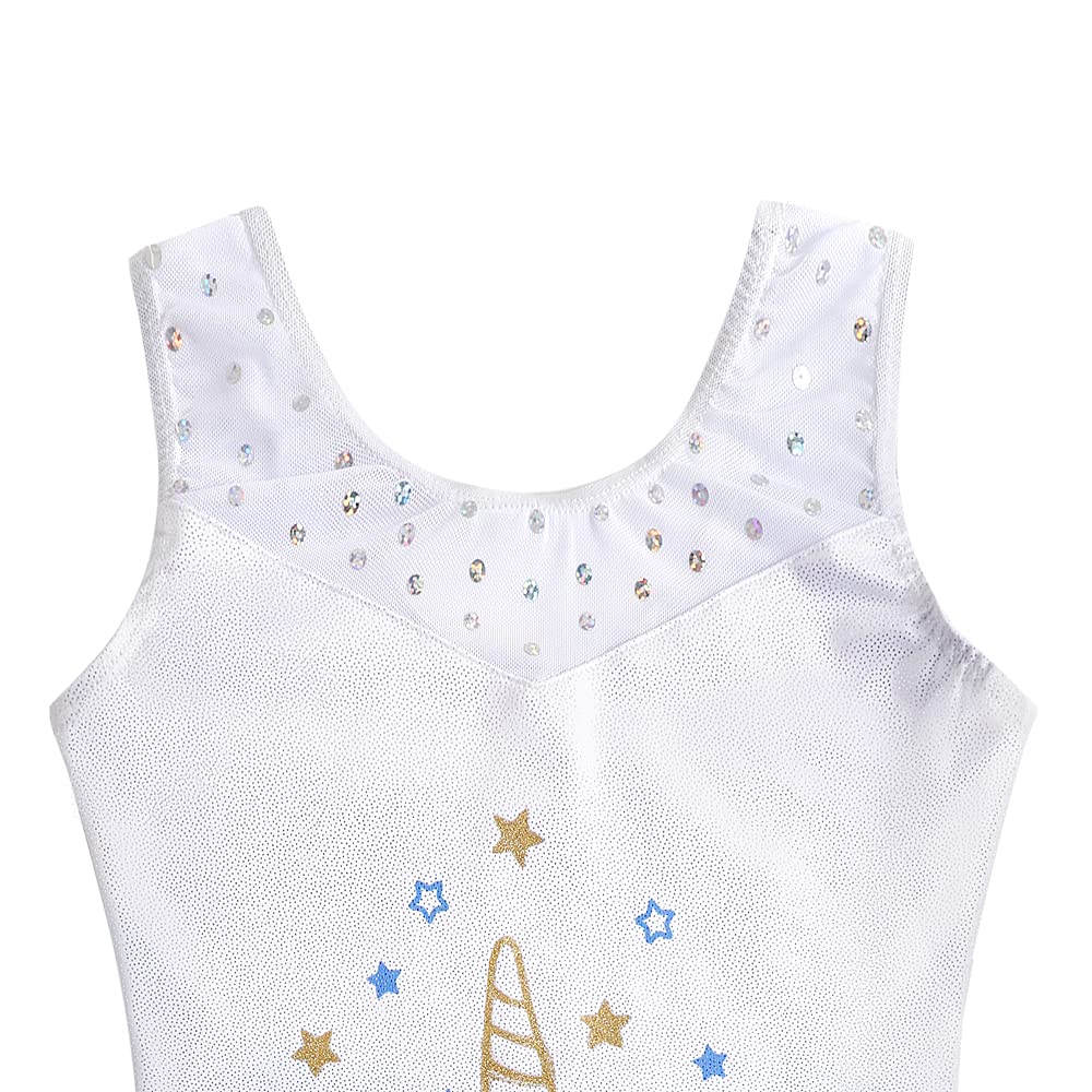 Belovance Leotards for Girls Gymnastics Unicorn Athletic Dance Wear Shiny Rainbow Blue Hotpink (White Blue, 6-7 Years)
