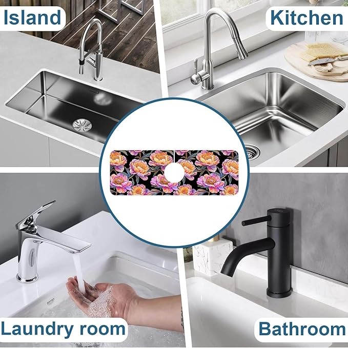 Colorful Peonies Sink Splash Guard Blooming Peonies Faucet Absorbing Mat Fast