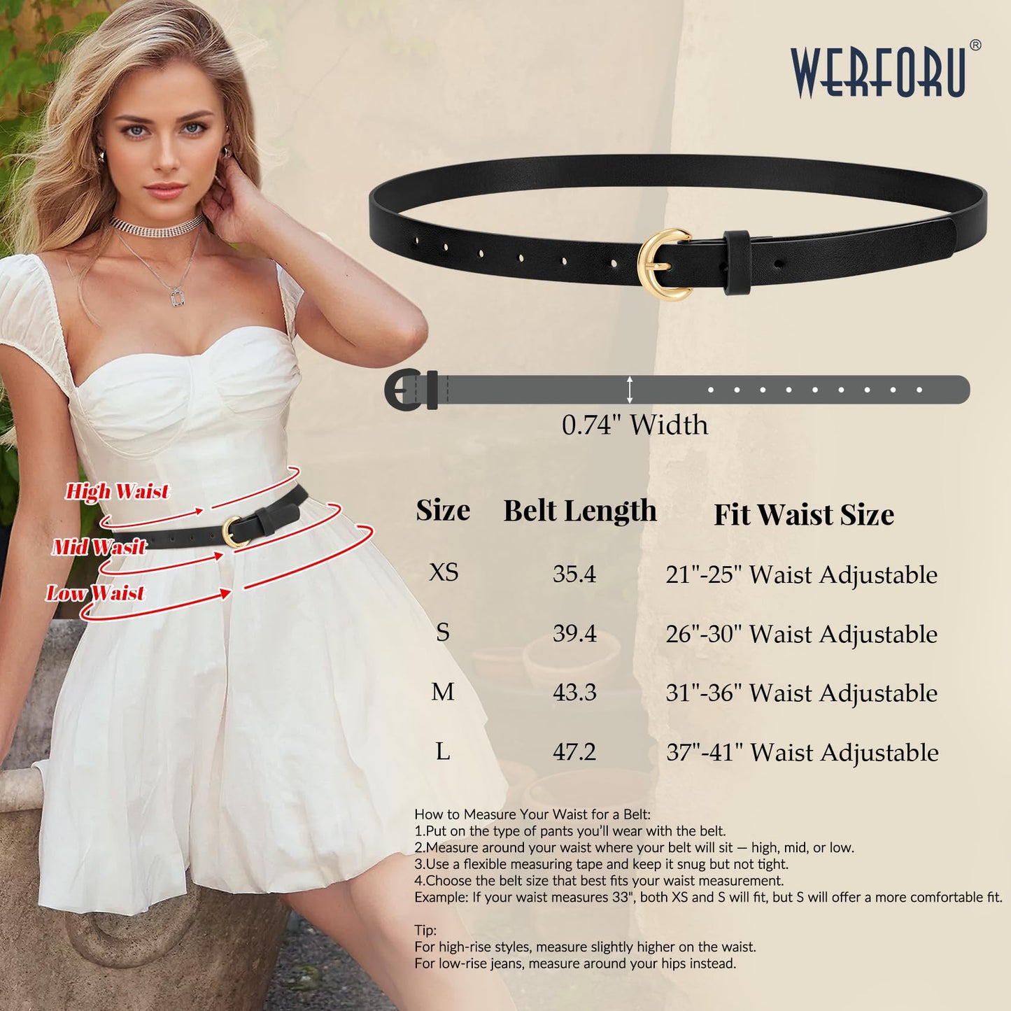 WERFORU 3 Pack Women Skinny Belt Thin Waist Belt for Women Leather Belt with Gold Buckle for Jeans Pants Dress 0.74" Width,Black+Brown+Navy blue,Fit Waist Size 37"-41"