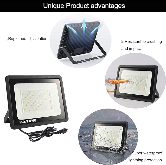 2 Pack-100W LED Flood Light Outdoor,11000LM LED Work Light with US Plug,6000K Daylight White,IP67 Waterproof Outdoor Floodlights for Yard,Garden,Playground