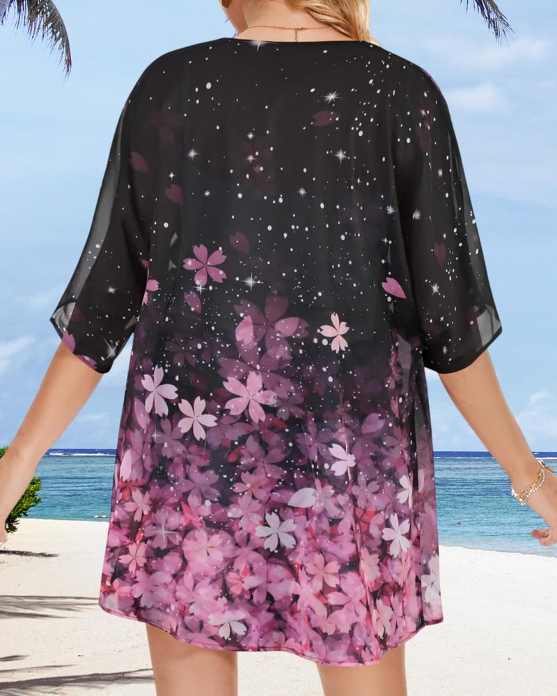 Women's Floral Print Puff Sleeve Kimono Cardigan Loose Cover Up Casual Blouse Tops(Black Pink Purple Floral,S)