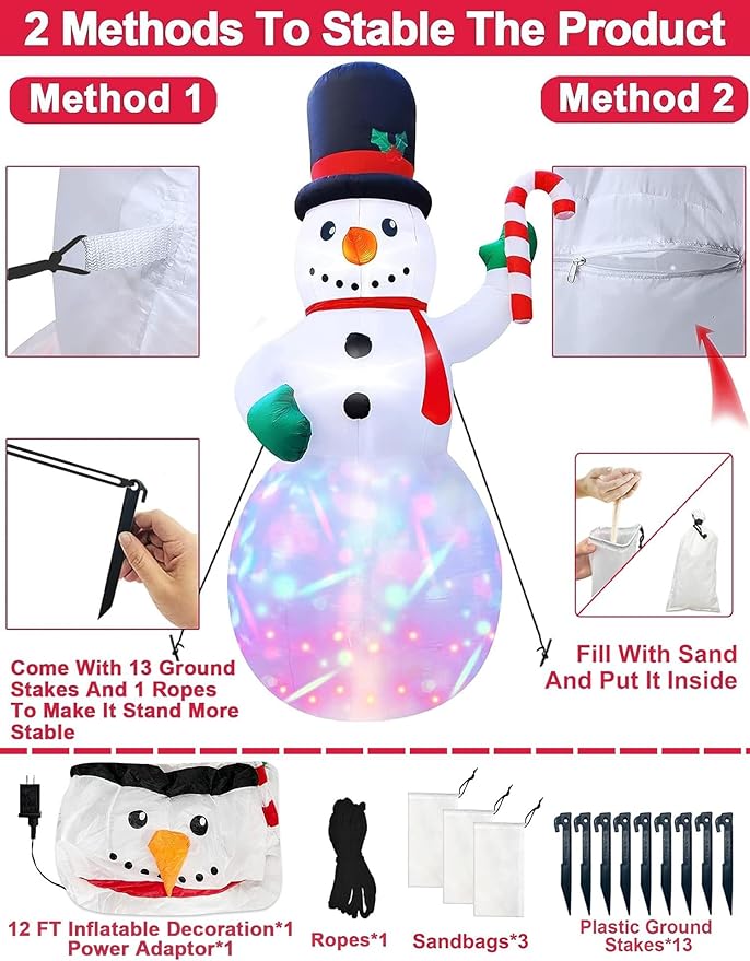 TURNMEON 12Ft Giant Christmas Inflatable Snowman Holds Candy Cane Decoration Outdoor Blow Up with Color Rotating LED Lights Stakes Tethers Christmas Decoration Home Yard Lawn Garden Xmas Holiday Party