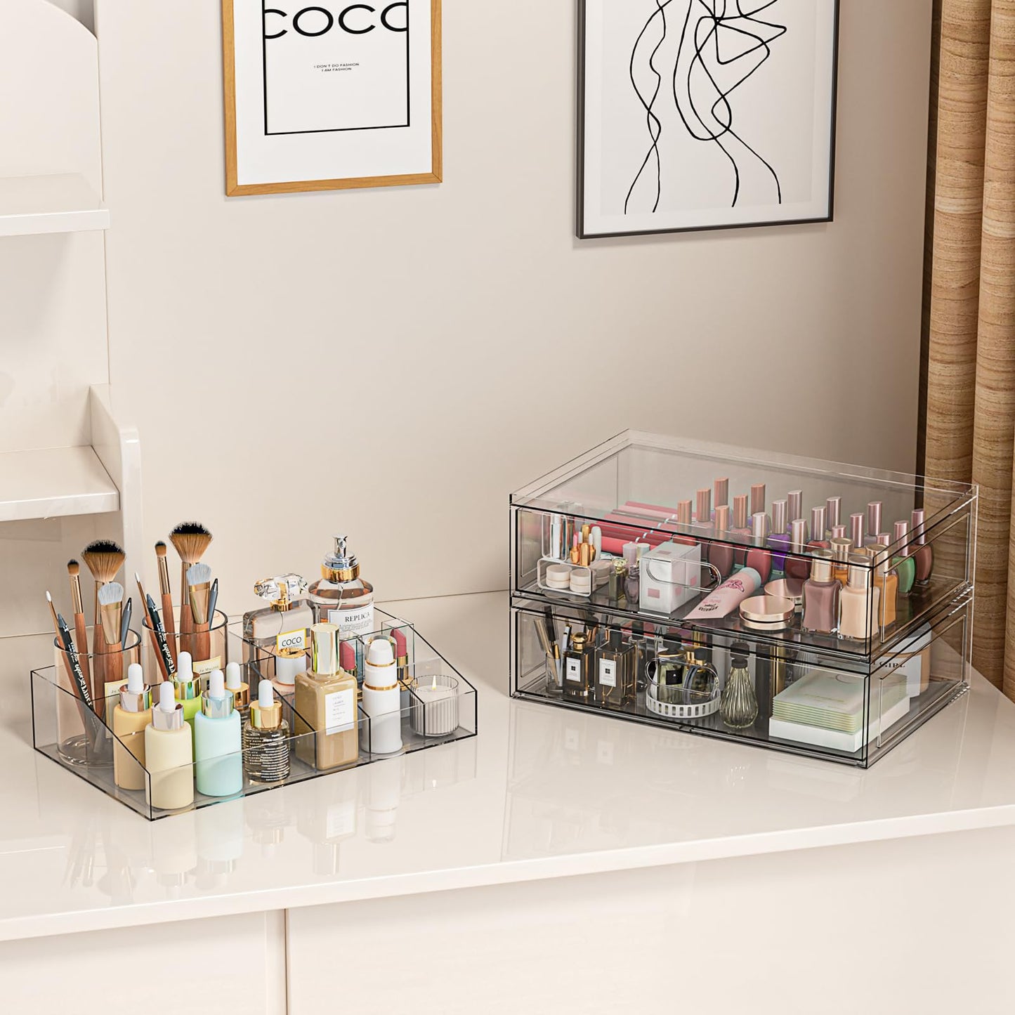 Clear Stackable Makeup Organizer with Drawer, 12''W Acrylic Storage Drawers, Cosmetic Display Case for Vanity Bathroom Countertop, Beauty Holder for Lipstick Brush Skincare Perfume