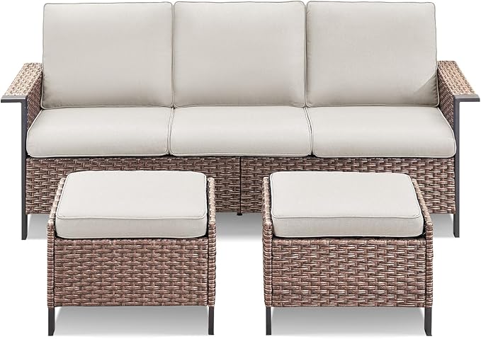 3 Pieces Patio Furniture Sofa Set-Outdoor Wicker Patio Furniture Covered Couch with Multifunctional Ottoman and High Back Outdoor Patio Conversation Set for Backyard Porch Garden Brown/Beige