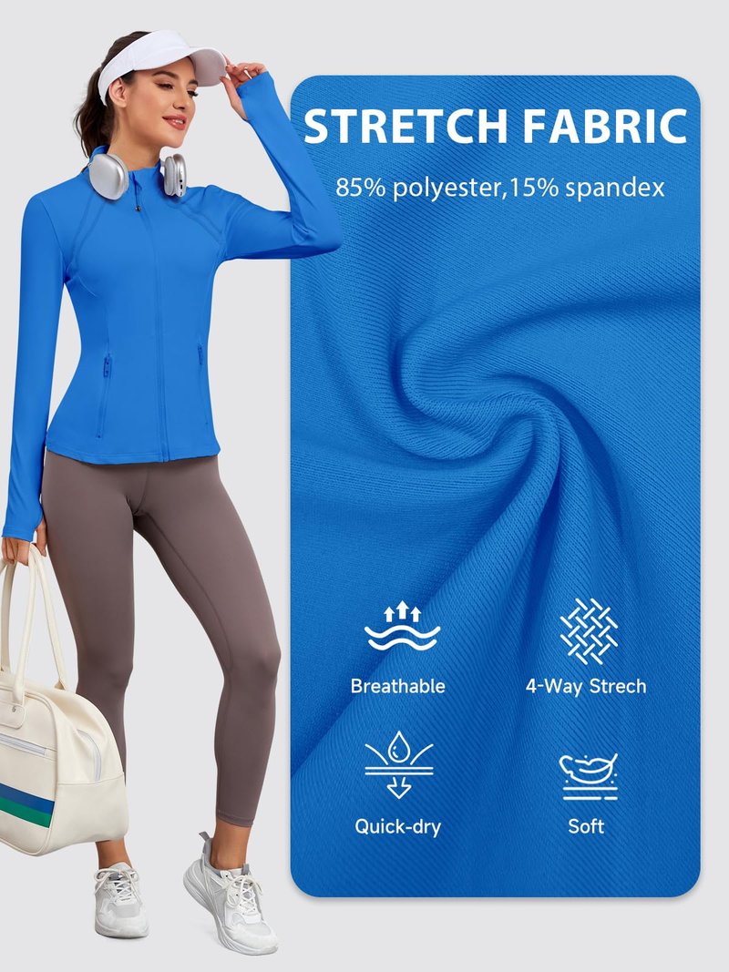 VUTRU Women Athletic Zip Up Jacket Lightweight Workout Long Sleeve Cooling Shirts with Thumb Holes and Pockets for Gym Yoga Blue L