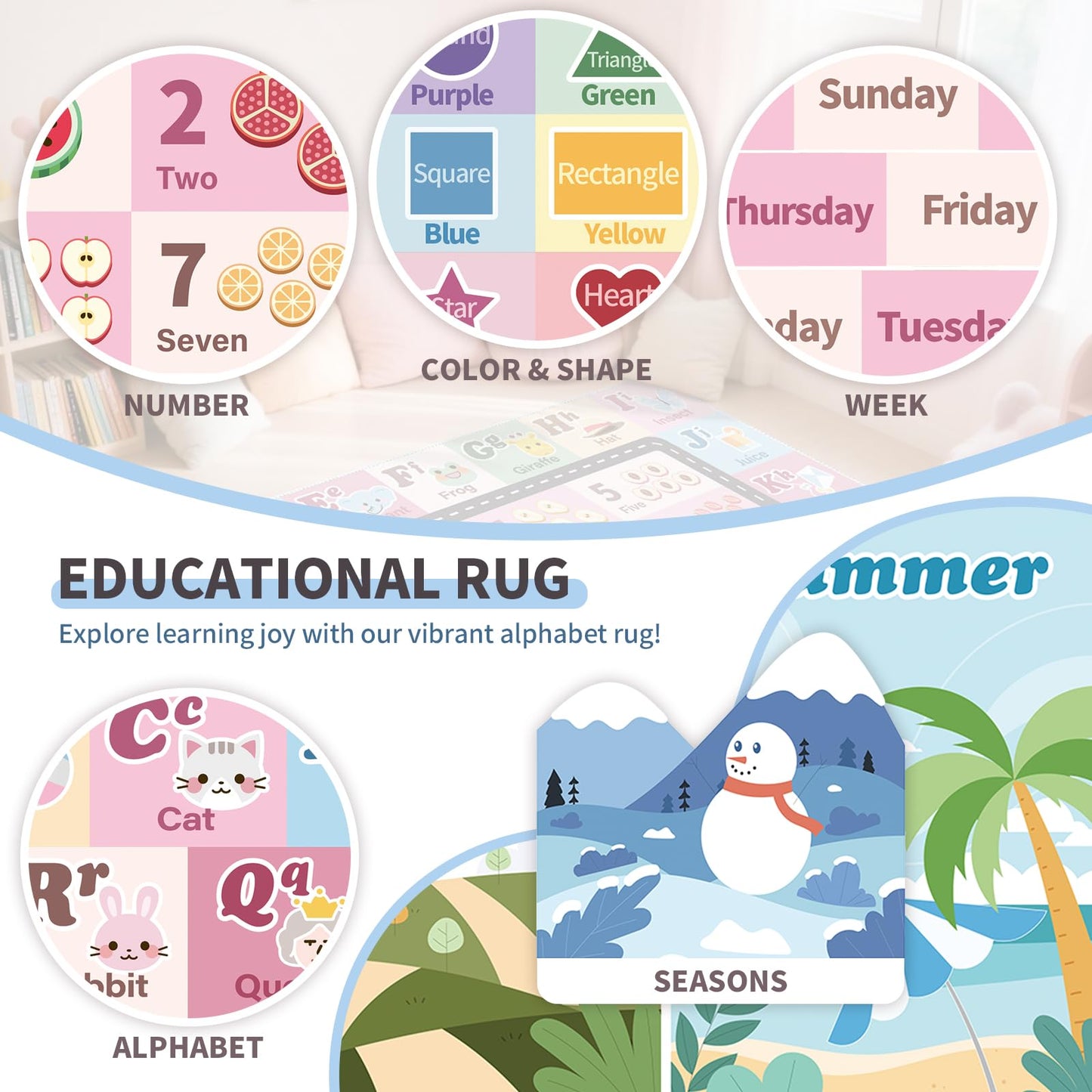 Kids ABC Rug for Playroom, Classroom Alphabet Area Carpet Playmat,Washable Toddler Mat for Baby Room,Play Room,Bedroom,Floor,Nursery (Pink,3'x5')