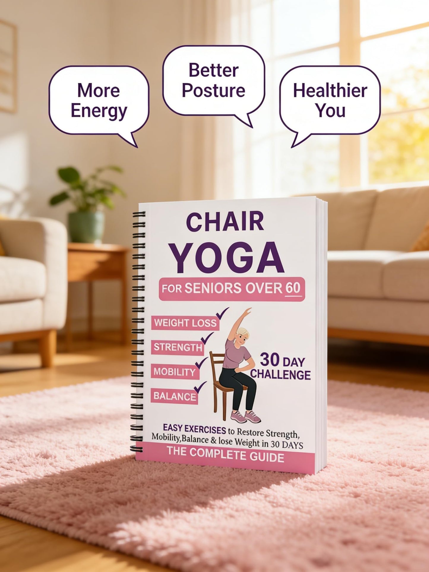 Chair Yoga Book for Seniors, Pink and White Cover Exercise Chart with Gentle Poses, Chair Workouts for Weight Loss and Balance for Elderly Beginners