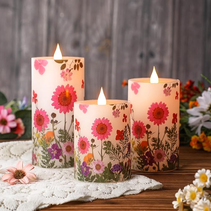 Baquler 3 Pcs Floral Wildflower Pillar Candles Flameless LED Candle Battery Operated Pressed Flower Flickering Candlestick for Wedding Summer Home Table Centerpiece Nature Inspired Party Decoration