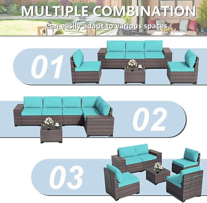 ALAULM 6 Pieces Patio Furniture Set, Oversized Seat/Armrest and High Back Wicker Sectional Furniture Set with Thick Cushion for Backyard, Garden, Turquoise