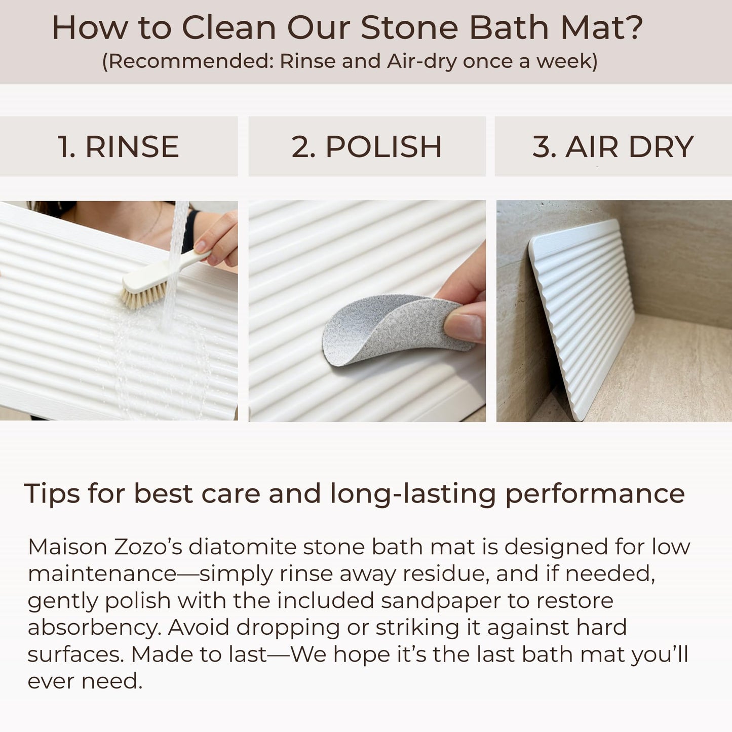 Maison Zozo Stone Bath Mat Diatomaceous Earth Shower Mat Non-Slip Ultra Absorbent Durable Stone Mats for Bathroom/Kitchen Fast-Drying Modern Design Easy to Clean (24''*16'' White)