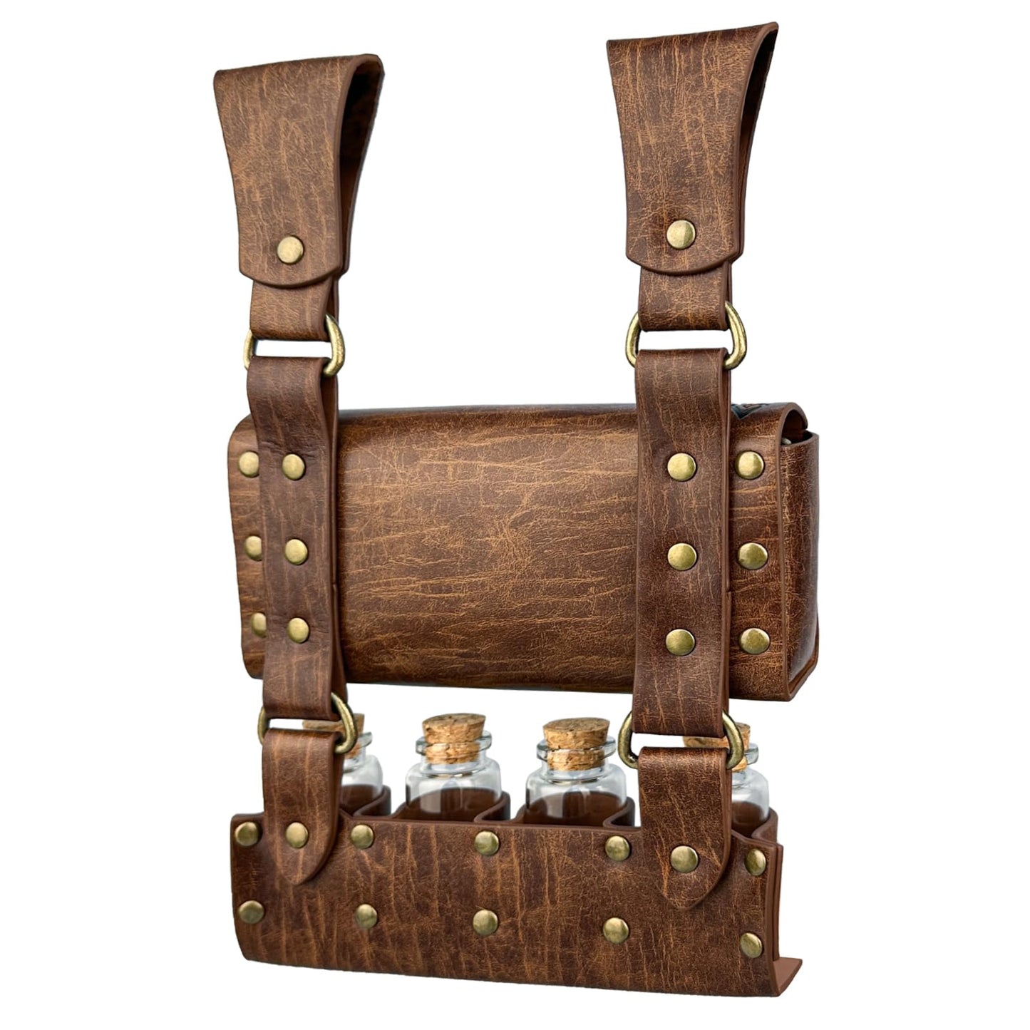 HiiFeuer Medieval Alchemy Faux Leather Belt Bag with 4 Cork Potion Vials, Fantasy Wizard Waist Pouch Side Pack for Ren Faire (Light Brown A)