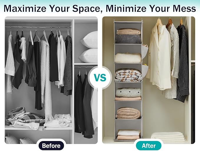 YOUDENOVA Hanging Closet Organizer, 6-Shelf Closet Hanging Storage Shelves