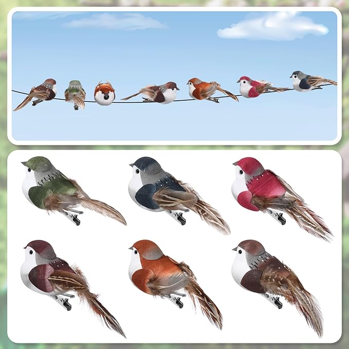24 Pieces Fake Birds 3.9 Inch Foam Feather Artificial Birds Decorative Sparrow Realistic Ornaments for Christmas Tree Decoration Wreaths Craft Seasonal Displays(Multicolor,Sparrow)