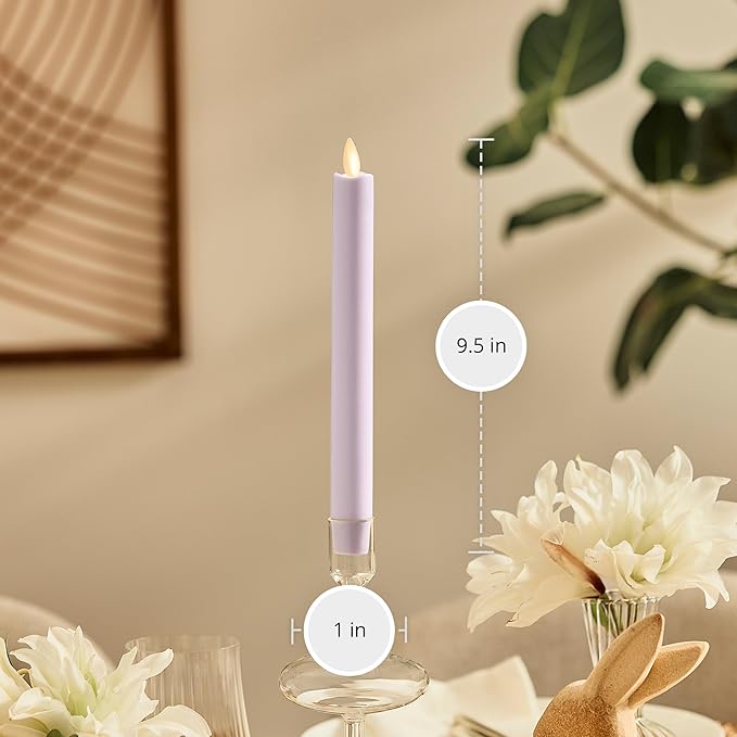 Luminara Flameless Candle Taper (1" x 9.5") Melted Top Real Wax Unscented Remote Ready Timer (Gentle Lavender)