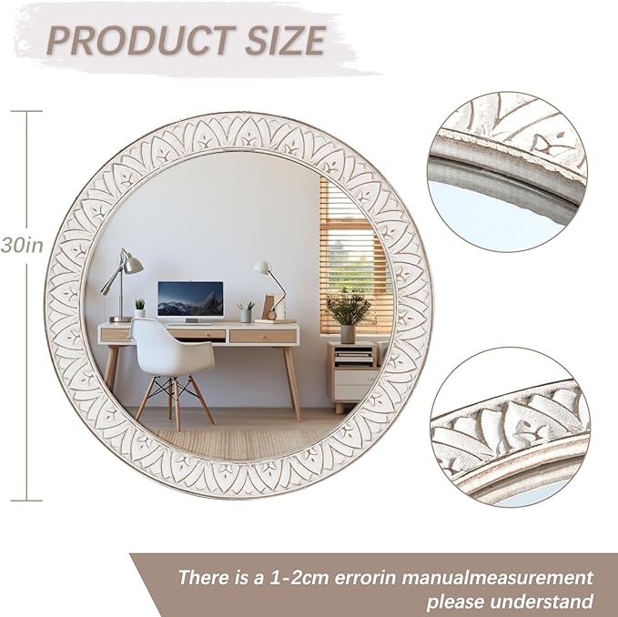30" Round Wall Mirror, Farmhouse Wooden Frame Circle Mirrors, Rustic Large Decorative Wall Mounted Bathroom Mirror Distressed Hanging Mirrors for Living Room, Bedroom, Entryway, Fireplace, Hall