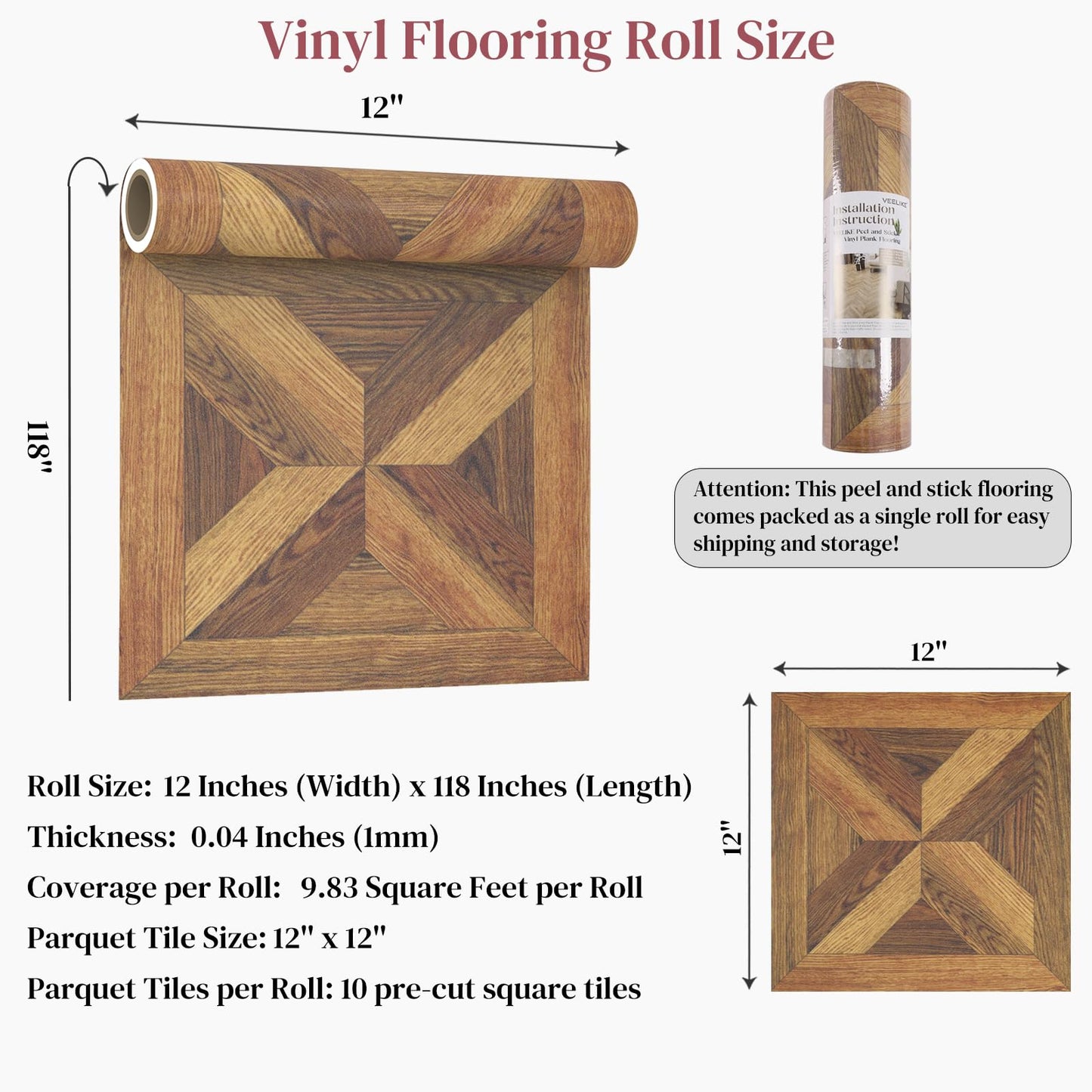 VEELIKE Peel and Stick Vinyl Flooring Roll Waterproof Self Adhesive Wood Grain Parquet Peel and Stick Floor Tile 12''x59'' Vinyl Sheet Linoleum Flooring Roll for Kitchen Bathroom Bedroom Living Room