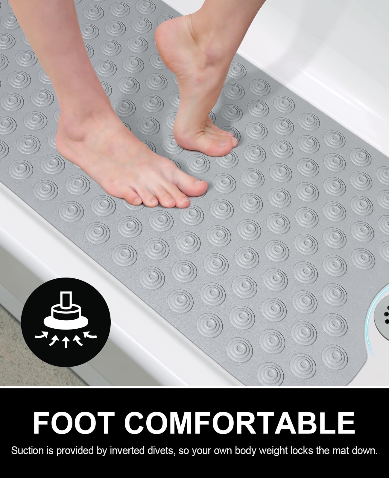 OTHWAY No Suction Cup Bath Mat: 39x16 inch Extra Long Bathmat│Perfect for Ordinary or Refinished Bath Tubs │Made of Nature Rubber│Protect Your Bathtub (Grey)