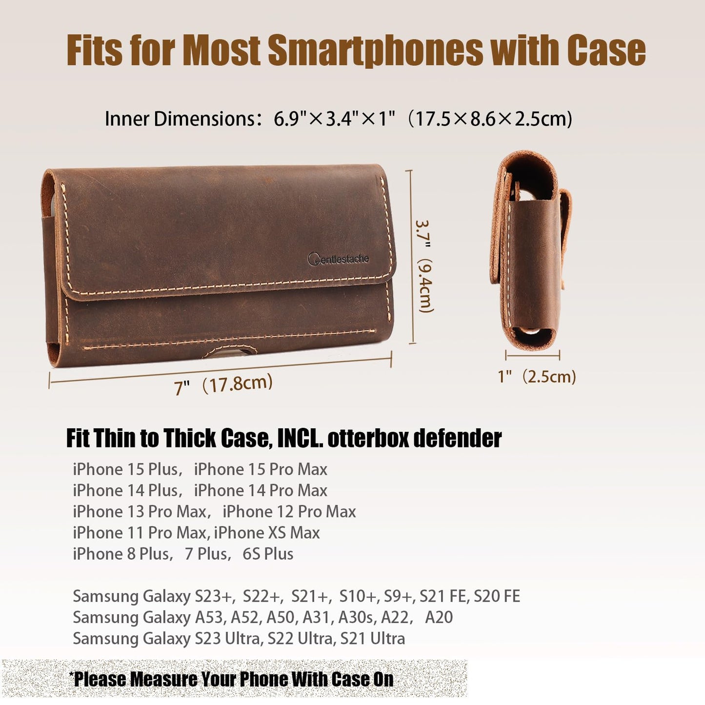 Gentlestache Leather Phone Holster for iPhone 15 Pro Max & Galaxy S24 Ultra - Two Pocket Phone Pouch with Thick Case, Dark Brown