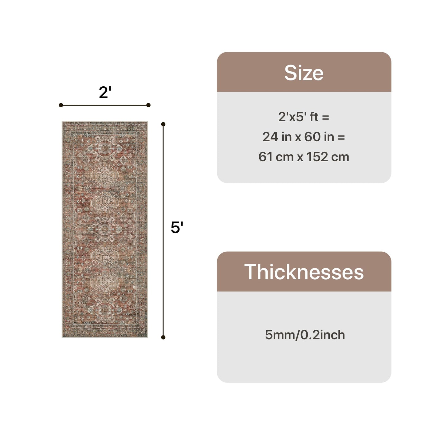 Bavni 2x5 Rug Runner, Washable Runner Rug Non Slip, Vintage Ultra Thin Low Pile Hallway Runner Rug for Kitchen Entryway Bedroom, Brick