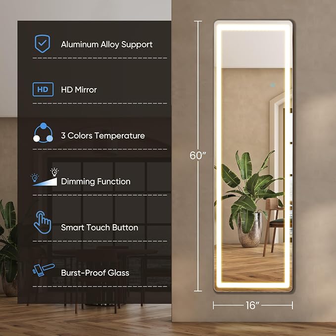OLIXIS 16"x 60" LED Full Length Mirror with Lights, Standing Lighted Floor Full Body Mirror with 3 Color Lighting, Wall Mounted Mirrors for Bedroom, Home, Entryway with Tempered Glass