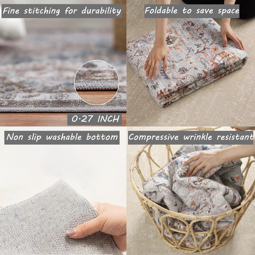 CHAMPLANT Area Rug 8x10 Washable Rug Taupe Vintage Traditional Mat Distressed Indoor Foldable Thin Retro Accent Rug Floral Print Non Slip Carpet Living Room Dining Room Office