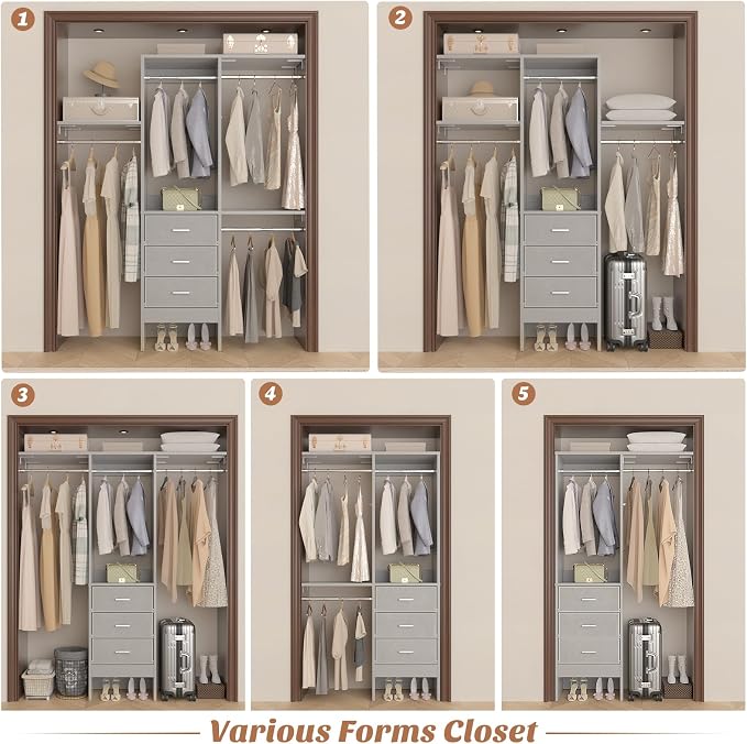 Besiost 4FT Small Closet System with 3 Fabric Drawers, 48'' Closet Organizer System With 3 Adjustable Shelves, Flexible Built-In Clothes Garment Rack for Small Space, 48" L x 13" W x 71" H, Grey