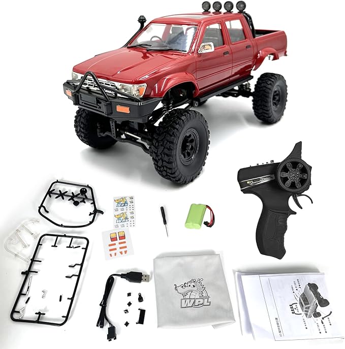 RC Rock Crawler WPL C64-1 RC Truck 1:16 Scale 2.4GHz Remote Control Truck 4WD All Terrain Off-Road RC Crawler with LED Lights and 2 Rechargeble Batteries for Adults (Red)