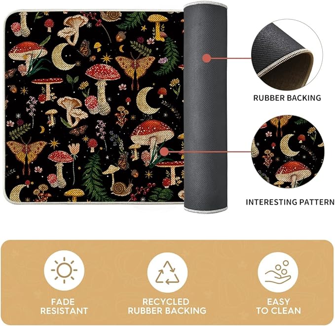 Artoid Mode Black Mushrooms Butterfly Spring Kitchen Mats Set of 3, Home Decor Low-Profile Kitchen Rugs for Floor - 24"x35"+24"x59"+24"x72"