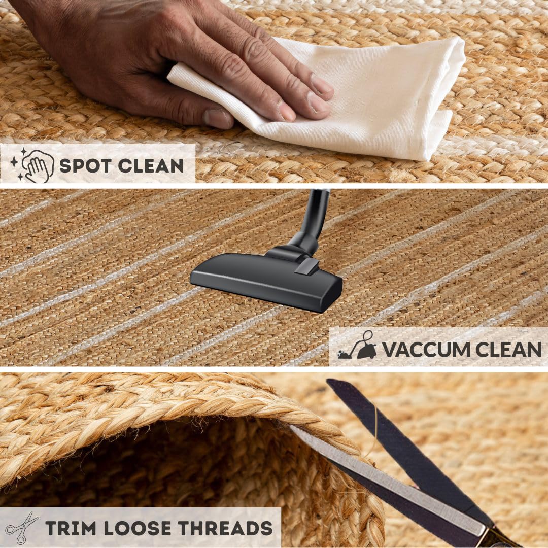 HOMEMONDE Natural Braided Jute Area Rug 6x9 ft - Off White Stripe Eco Friendly Premium Fiber - Hand Woven Rustic Vintage Reversible Braided Rugs for Bedroom, Kitchen, Living Room and Dining Room