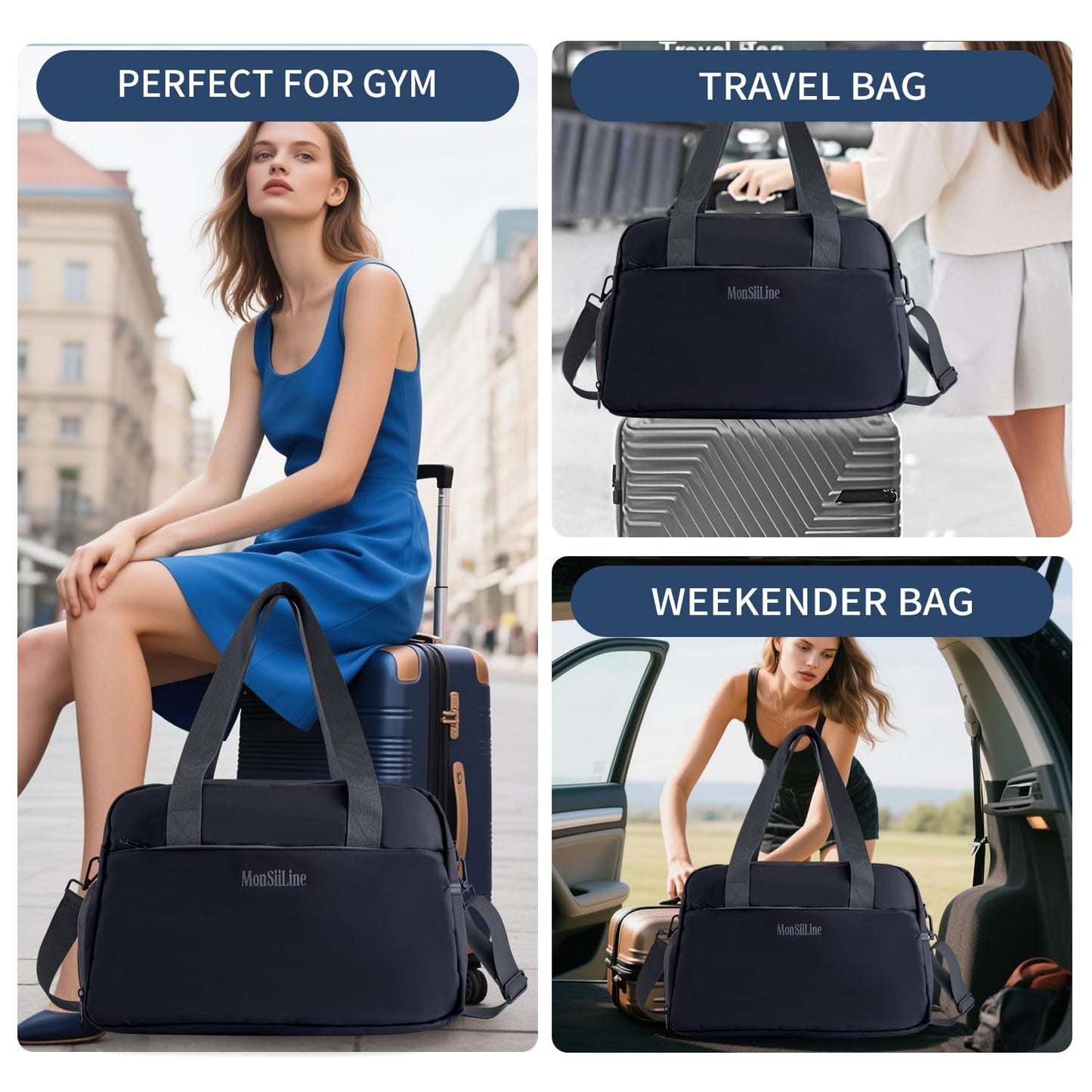 MonSiiLine Gym Bag for Women Men with Shoe Compartment, Waterproof Small Duffle Bag for Travel, Sports, Weekend Lightweight Carry on Tote Bag, Black, 27L