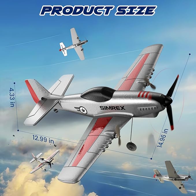 SIMREX RC Plane for Kids - 2.4GHz 3-Channel Remote Control Airplane Toy with 6-Axis Gyro 2 Speeds 2 Batteries P51 RC Airplane Foam Glider - Gift for Boys & Girls