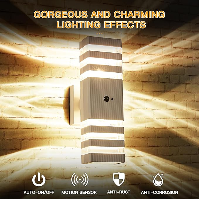 2 Pack Motion Sensor Outdoor Wall Lights with 4 Dimmable Bulbs, Modern White Dusk to Dawn Porch Sconces Waterproof Up Down Exterior Lighting Fixtures, Outside Coach Lamp for House Garage Front Door