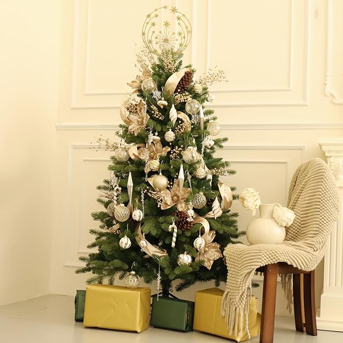 Christmas Ball Ornaments Set Shatterproof Christmas Tree Ornaments 24 PCS Painted Shaped Styles Xmas Tree for Holiday Decor,Champagne