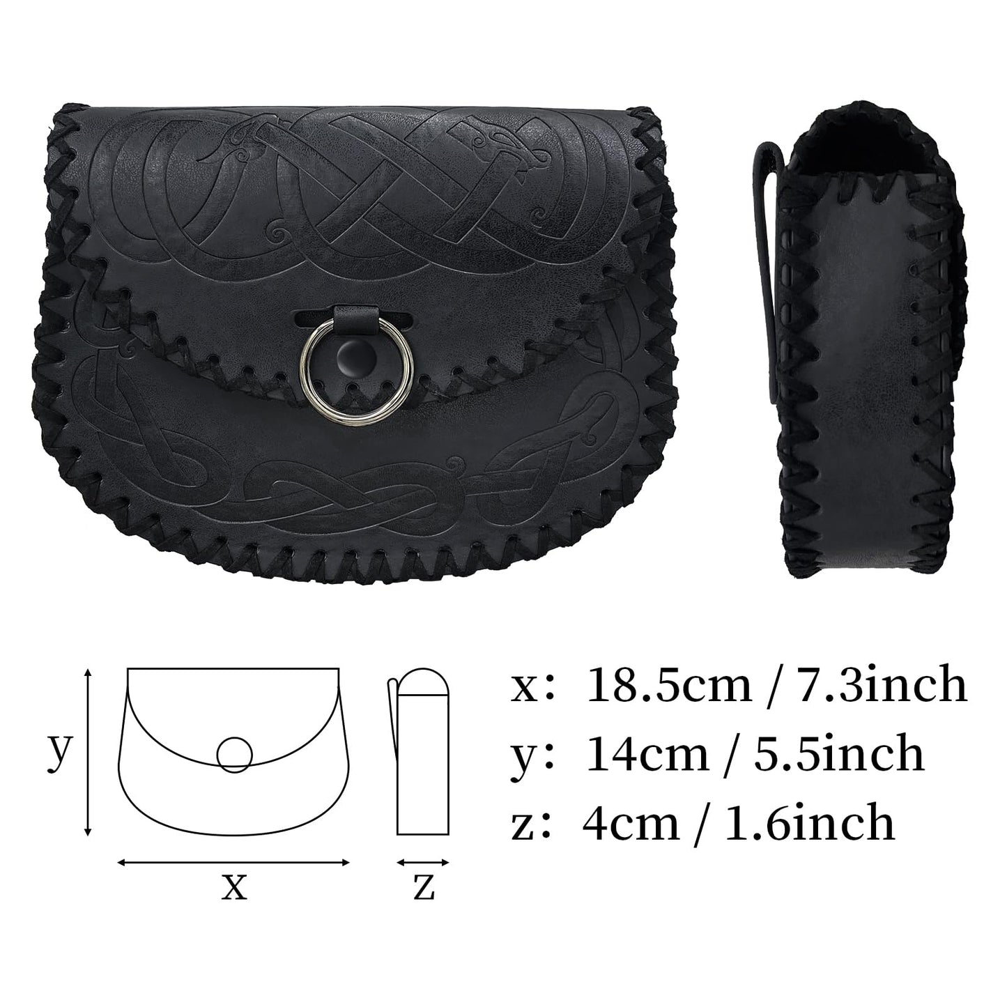 HiiFeuer Viking Embossed Belt Bag, Vintage Medieval Faux Leather Side Pack, Middle Ages Portable Belt Pouch For LARP Ren Faire (Black A)