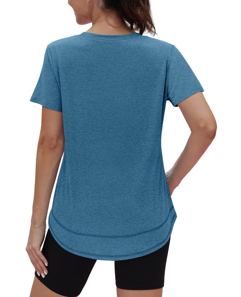 Short Sleeve Shirts for Women Workout Yoga Tops Sun Protection Clothing Summer Outfits Rash Guard Side Slit Blue Green XL