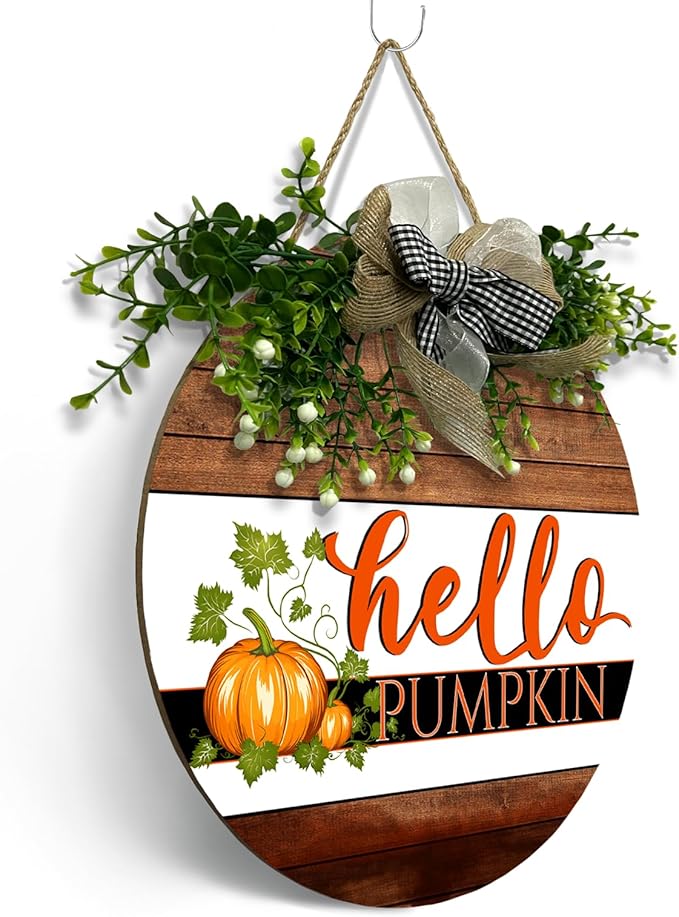 Hello Pumpkin Sign for Front Door Fall Rustic Harvest Hanging Sign With Bow and Wreath Thanksgiving Welcome Wood Sign Door Signs for Farmhouse Autumn Home Porch Wall Holiday 12 Inch